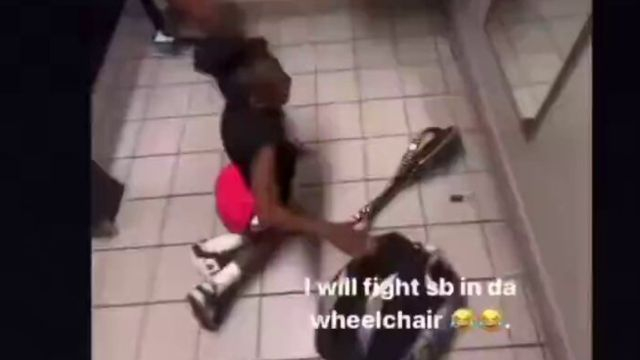 A wheelchair-bound girl being violently attacked in what appears to be a school elevator & bathroom. Other kids just stood by recording and laughing.